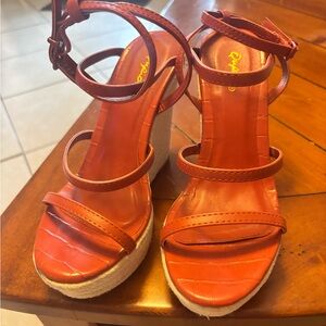Qupid Orange Wedge Sandals